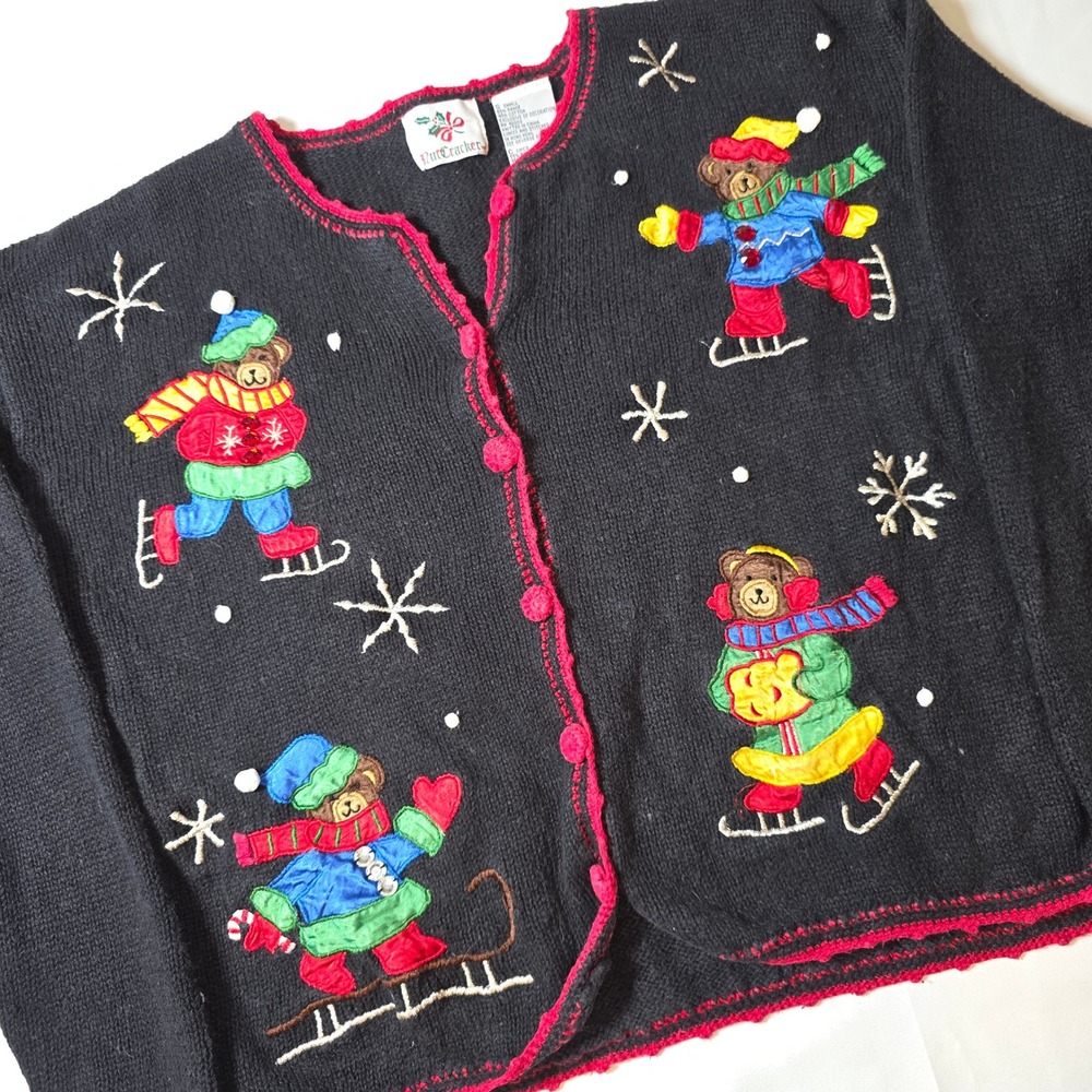 Vtg Nutcracker Black‎ Embroidered Teddy Bear Christmas Sweater Women's Small